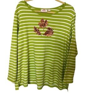 Quacker Factory  Womens 2X Leaves Fall Sequin Striped Green Tunic Top